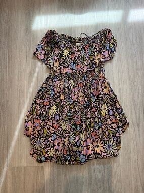 Floral Off-Shoulder Smocked Romper - Black Base with Pastel Flowers